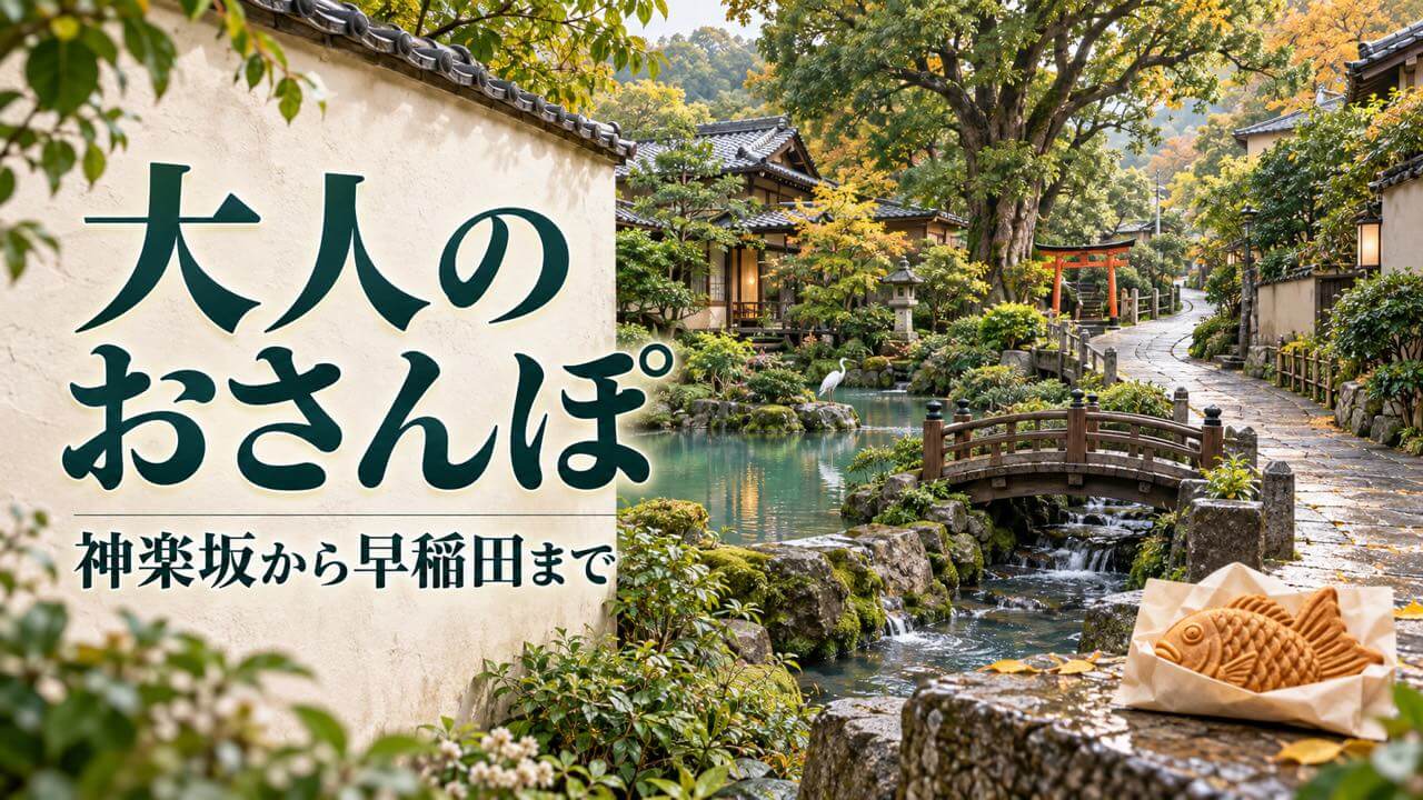 大人のおさんぽ 神楽坂から早稲田まで。日本庭園とサギ、石畳の道、たい焼きのイラスト