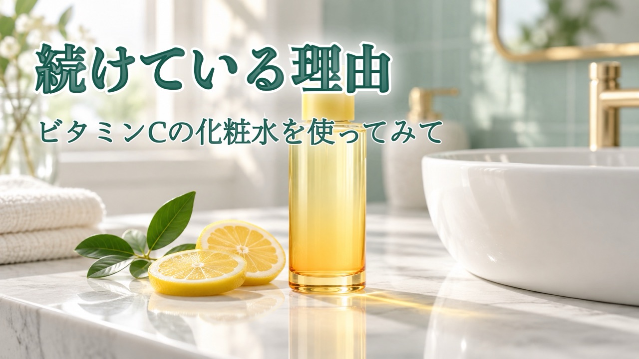 朝の洗面台に置かれた化粧水とレモン。続けている理由|ビタミンCの化粧水を使ってみて